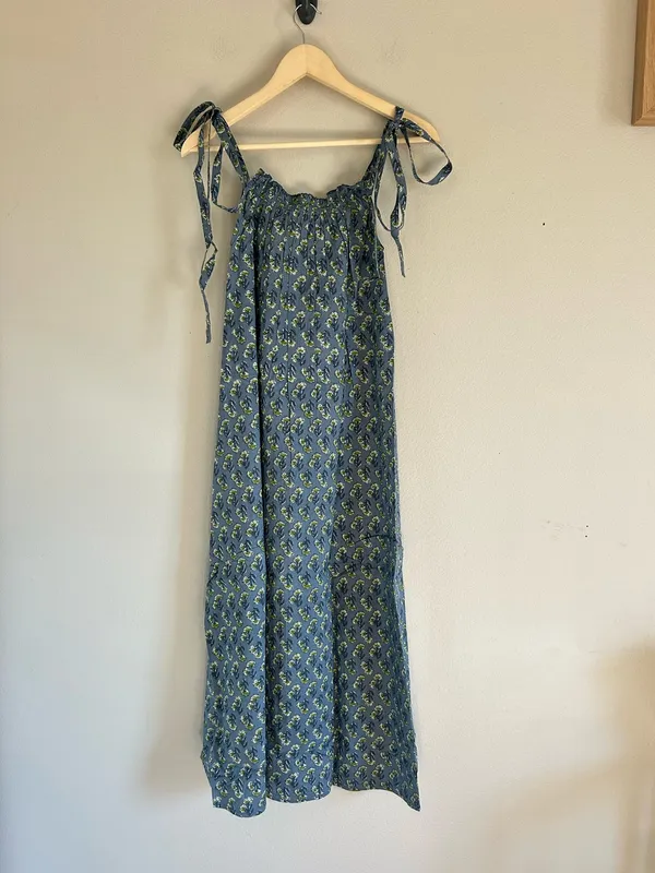 Boutique Ex Voto Iris Blue Tie-Shoulder Floral Maxi Dress XS/S NWT Boho Cotton Sundress - Image 3