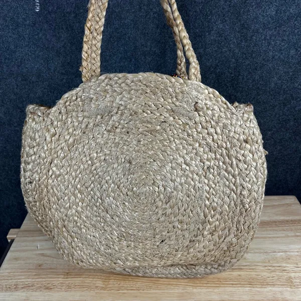 Zara Accessories Jute Woven Round Tote Bag Tassel Shell Charm Tan Boho Beach - Image 6