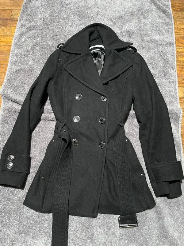 Kenneth Cole Black Belted Double Breasted Fitted Wool Coat Jacket - Image 2