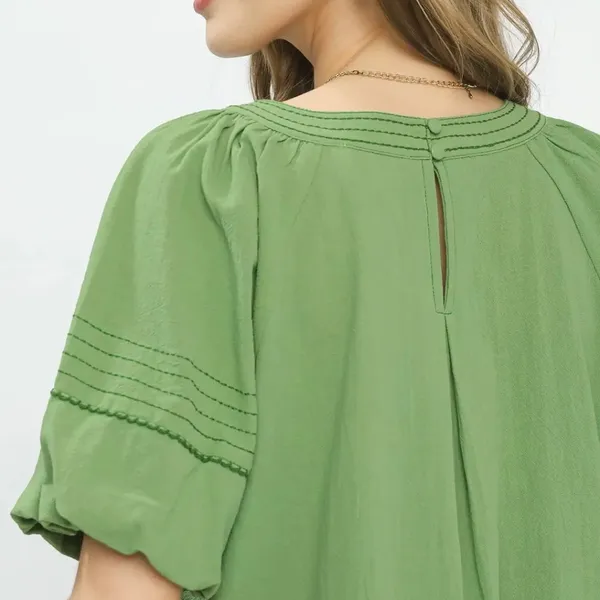 Umgee Round Neck Puff Sleeve Top with‎ Contrast Stitch Detail - Image 4