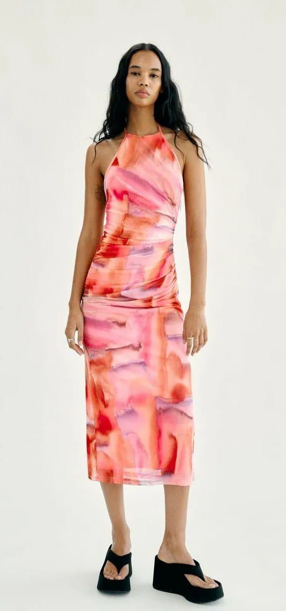 ZARA midi dres mesh fitted pink casual summer party drapped ruched tulle - Image 6