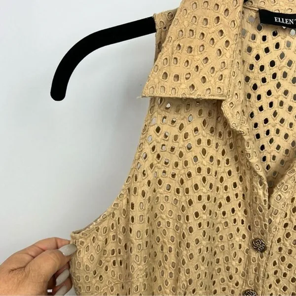Ellen Tracy Eyelet Dress Womens 2P Tan Cotton Tiered Fit Flare Midi Shirt Dress - Image 5
