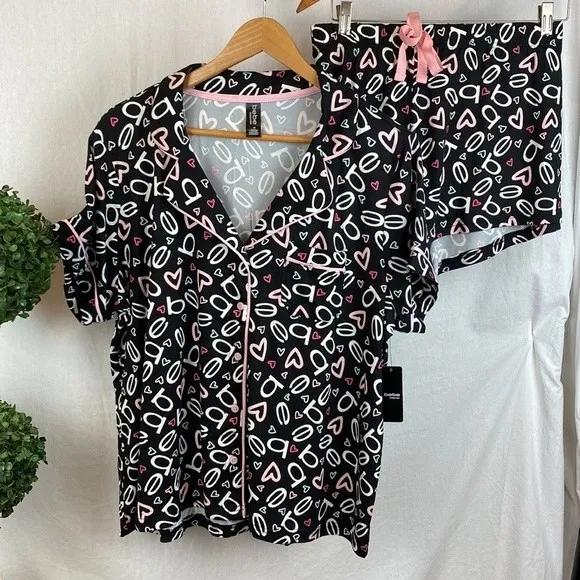 Bebe Black Logo Print Pajama PJ Shorts & Short Sleeve Top SET 3X NEW - Image 2