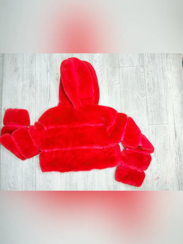 Red fluffy faux fur red long sleeve hooded cropped jacket coat small - Image 4