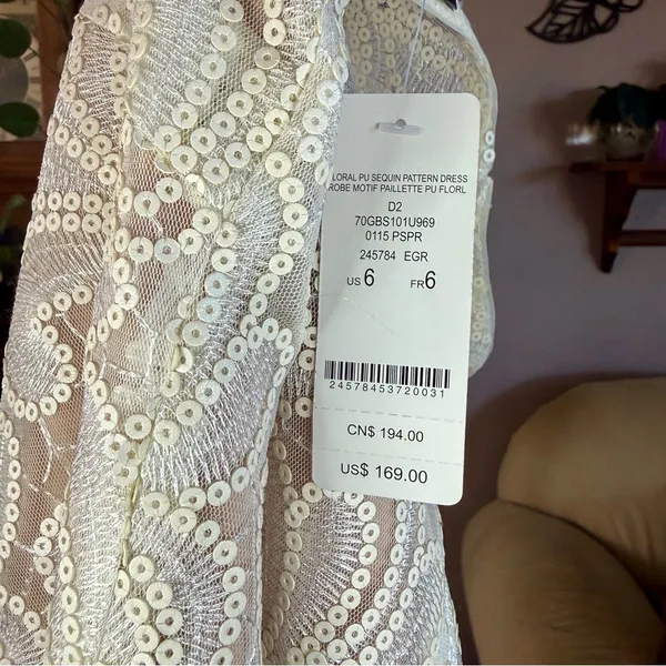 Bebe Sequin Lace Bodycon Dress – Size 6 – Ivory Floral Pattern – NWT $169 - Image 8