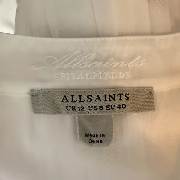 AllSaints Percy Pleated Tail Relaxed Fit Shirt White Band Collar Women US 8 - Image 6
