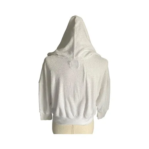 JUICY COUTURE-WHITE ZIP FRONT HOODIE-WOMENS SIZE SMALL Cozy white hooded zip-up jacket with drawstrings. Perfect for casual wear, 3/4 sleeves, gold hardware, J zipper pull, 100% cotton, has stretch, excellent condition Measurements: Bust: armpit to armpit 23-25 inches Length: shoulder seam to bottom 20 inches - Image 3
