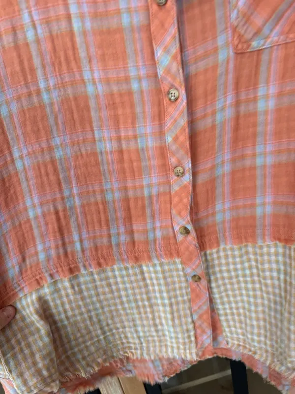 Free People Patchwork flannel button down shirt long sleeve boho raw hem cotton plaid - Image 5