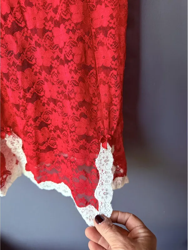 Red Lace Lingerie Dress with White Trim and Adjustable Straps - Image 6