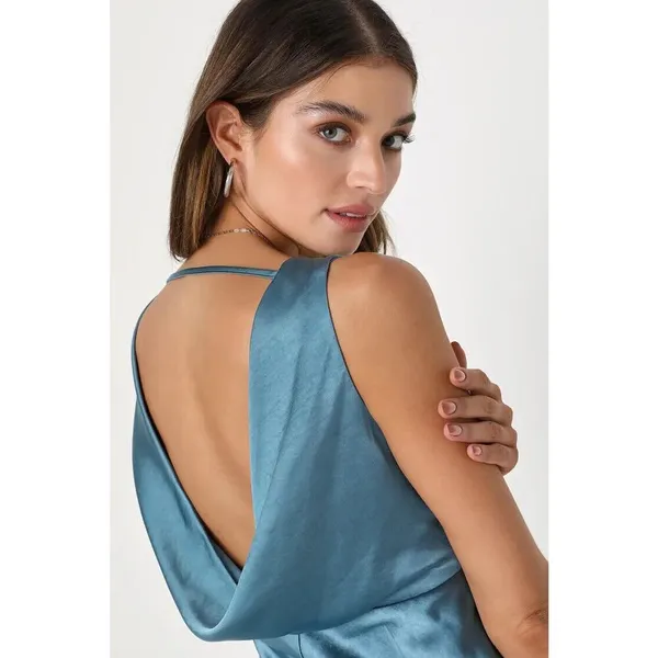 NEW Lulus Incredible Love Slate Blue Satin Cowl Back Midi Slip Dress Formal M - Image 4