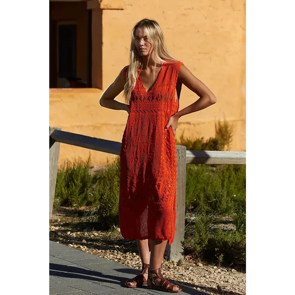 Free People FP Beach Sz L Orange Emma Fauxchet Knit Sleeveless Boho Midi Dress - Image 3