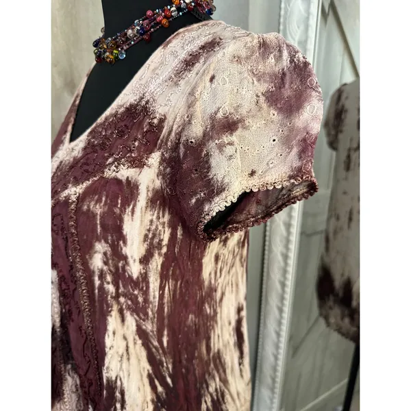 Lapogee Burgundy Tie Dye Embroidered Lace Trim Boho Top Free Size - Image 3
