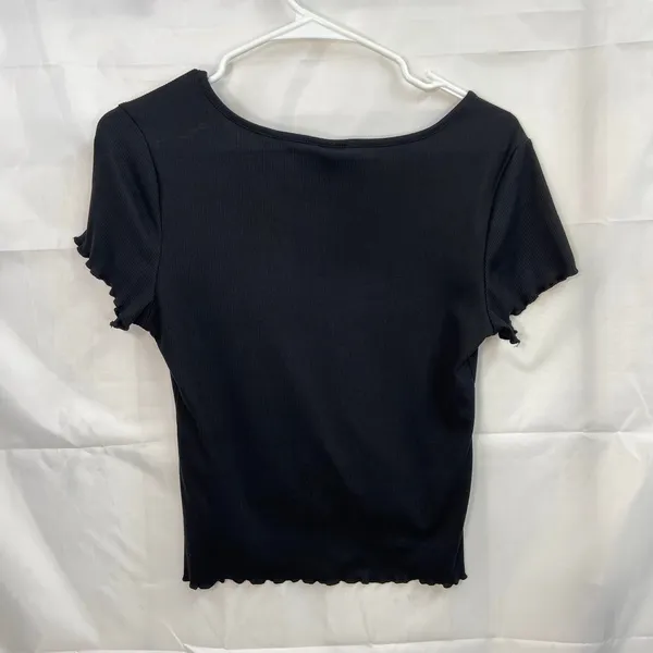 One Step Up women's black ribbed stretch short sleeve tie ruched casual blouse M - Image 6