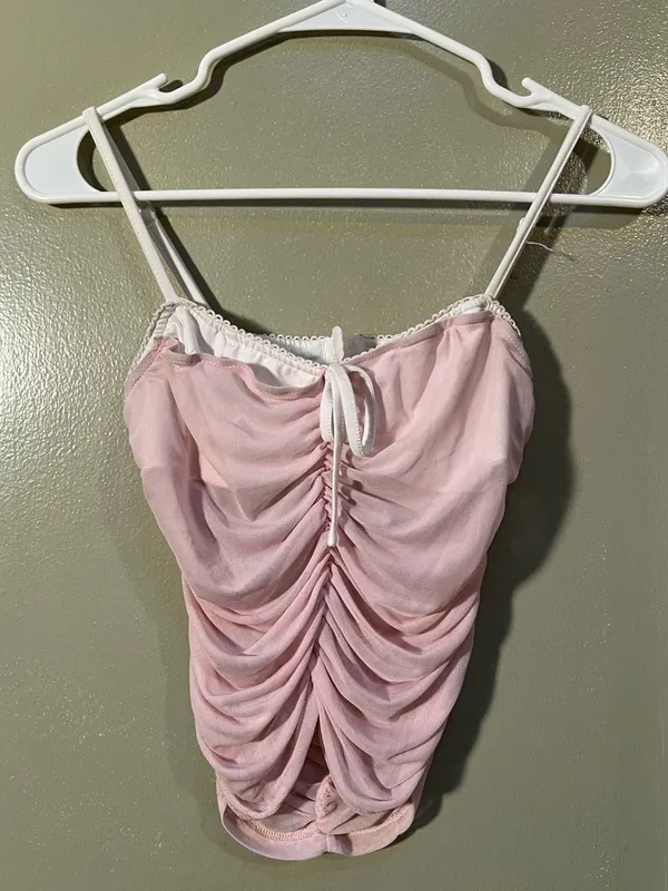 Women's Ruched Corset Cami Tank Top Light Pink White Semi-Sheer Sweetheart Neck - Image 3