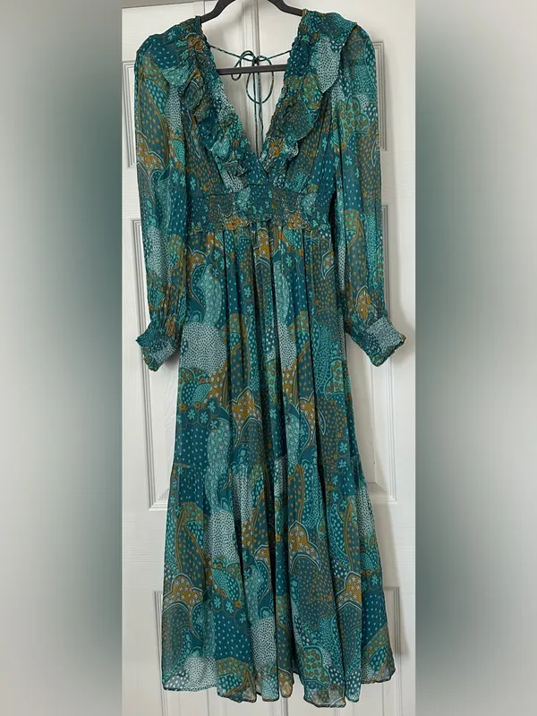 Anthropologie Odetta Ruffled V-Neck midi Dress Teal Gold Boho Mixed Print Small - Image 4