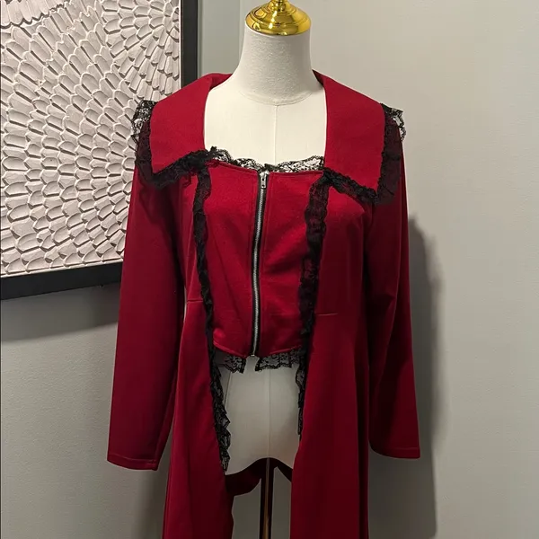 SheIn Elegant Burgundy Women's Jacket with Black Lace Trim - Image 3