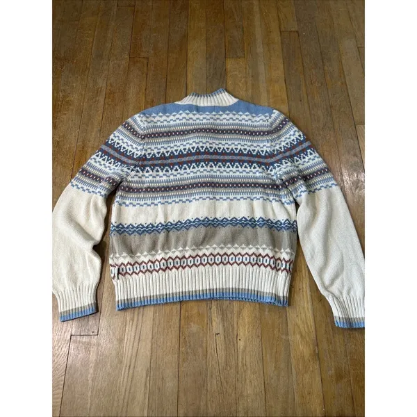 Woolrich Womens Fair Isle Quarter Zip Sweater Blue Cream Ramie Cotton Size M - Image 8