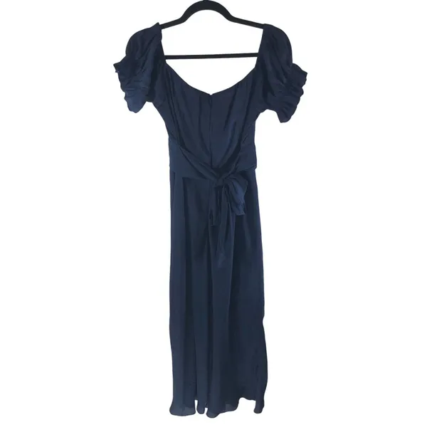 Selfie Leslie Midi Dress Puff Sleeve Tie Waist Off Shoulder Satin Navy Blue M - Image 2