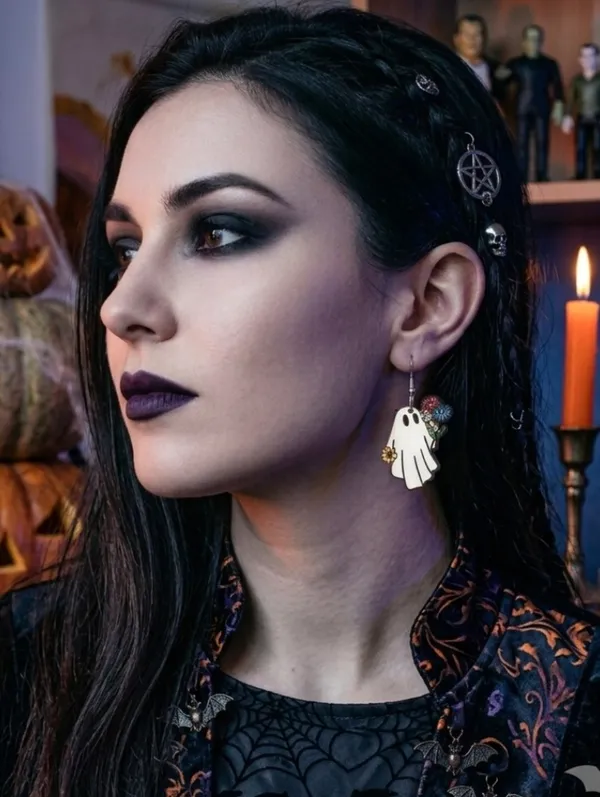 White Ghost Colorful Flower Design‎ Dangle Halloween Earrings Wooden Jewelry - Image 7