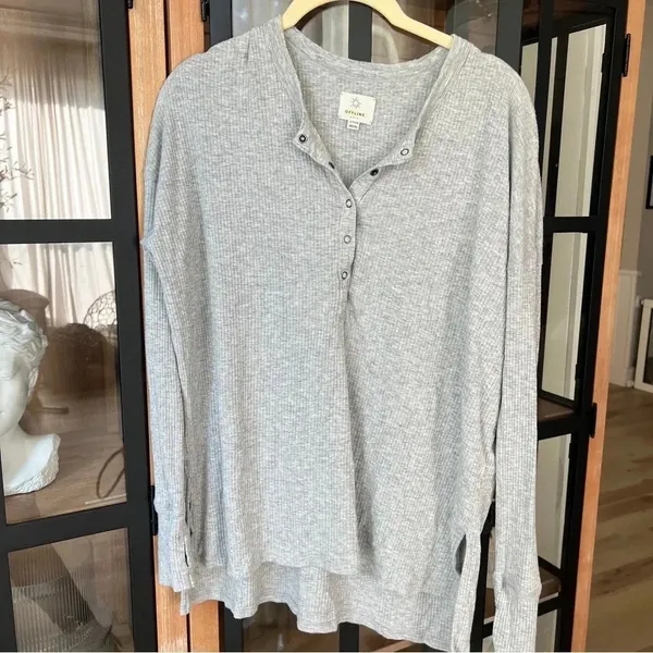 Aerie Henley Pullover long sleeve tee waffle knit ribbed oversized top - Image 2