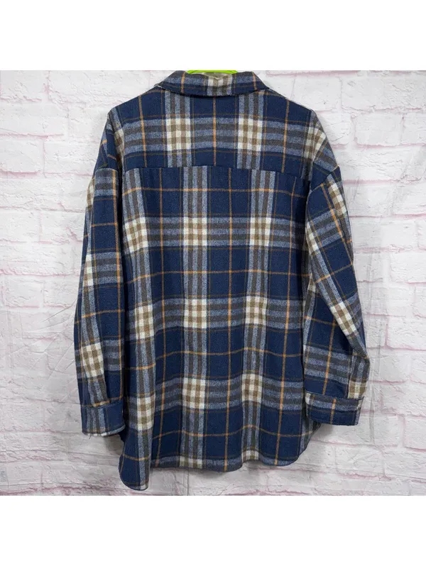 J.NNA Women’s Plaid Shacket Jacket Size Large Blue Brown Button Front - Image 8