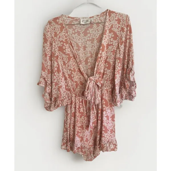 Hello Molly Blush Pink Floral Front Tie Flutter Ruffle‎ Romper Size S - Image 2