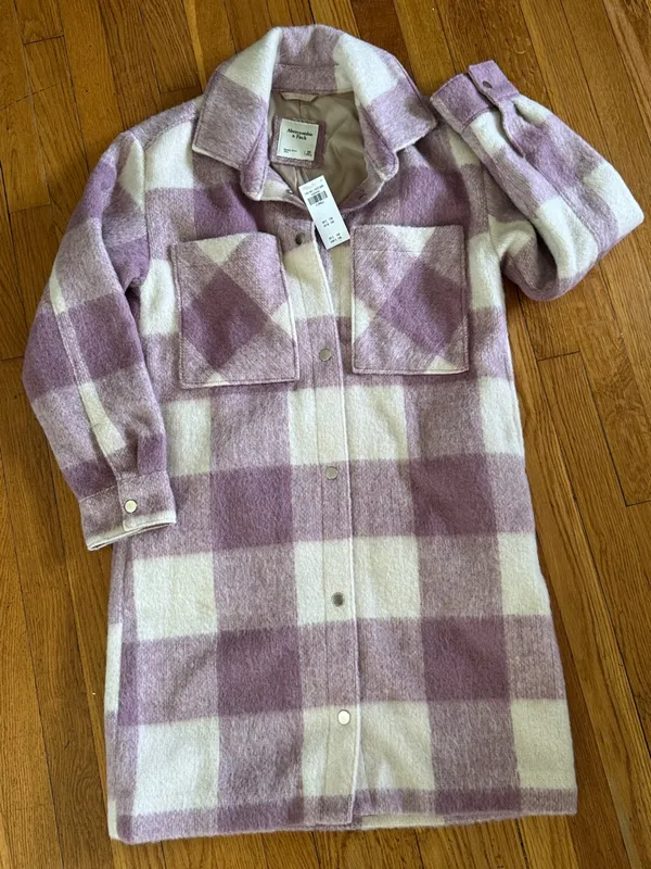 NWT Abercrombie & Fitch Lilac Cream Plaid Shacket wool blend coat size XSMALL - Image 3