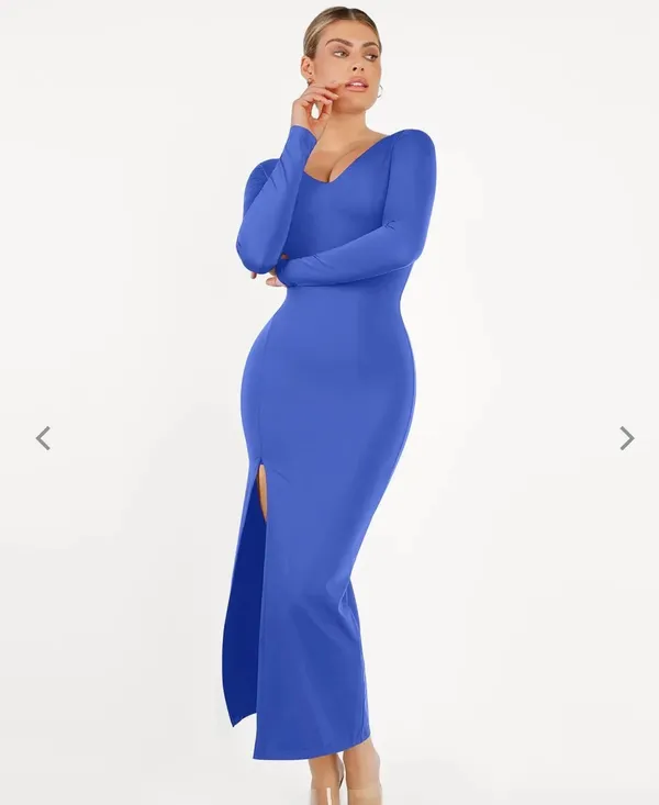 Popilush Shapewear Long Sleeve V-Neck Low Back Slimming Maxi dress - Image 4