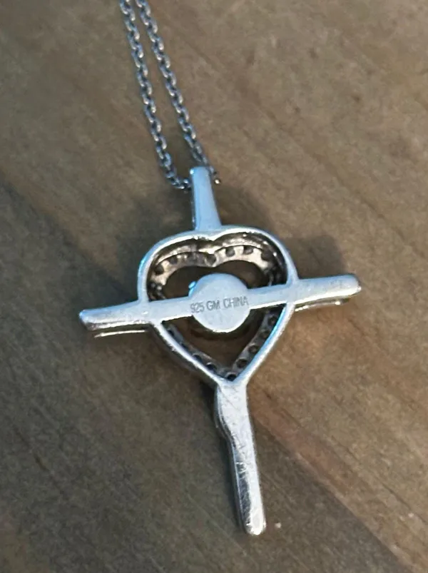 Vintage 925 Silver CZ Heart Cross Pendant Necklace - Image 3