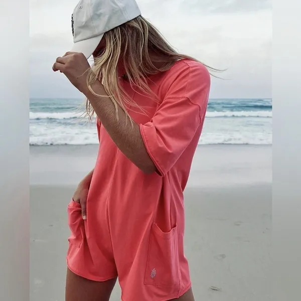 FP Movement Hot Shot tee romper coral neon hibiscus tulip free people onesie - Image 3