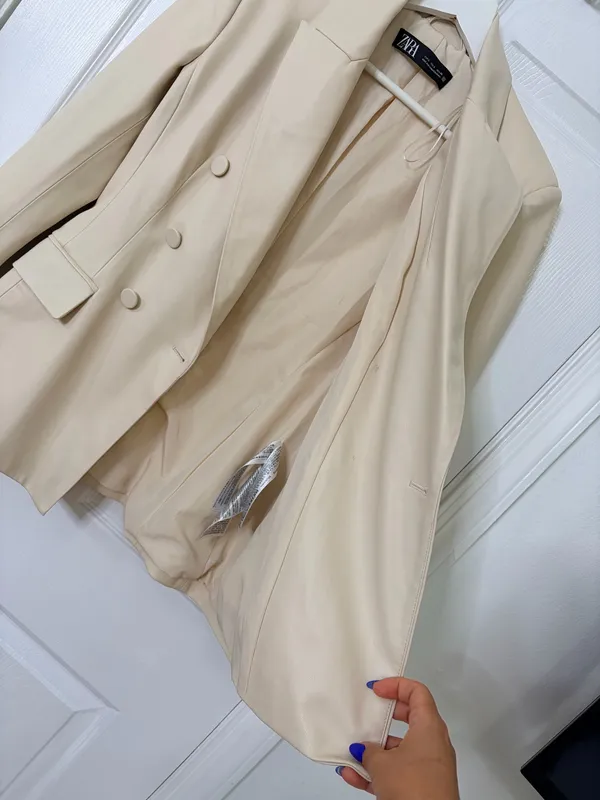 Zara Women’s S Ivory Faux Leather Double Breasted Blazer Quiet Luxury Minimalist Chic - Image 7