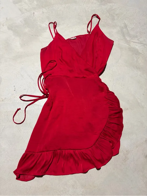 Intimately free people Red Ruffle Wrap Mini slip Dress large - Image 2