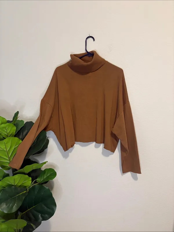 American Eagle Outfitters Cropped Brown Turtleneck Sweatshirt - Image 5