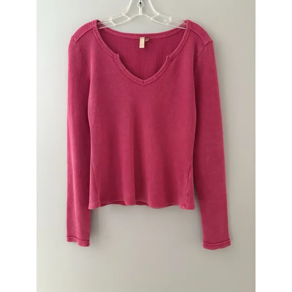 Pilcro Anthropologie Thermal Shirt Size L Pink Waffle Knit V-Neck - Image 12