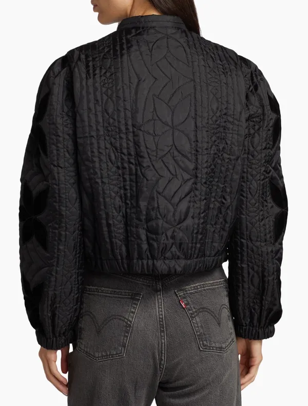 Free People Quinn Quilted Jacket with Velvet Floral Detail in Black - Image 4