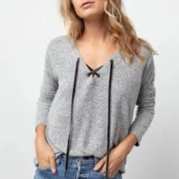 RAILS Leigh V-neck Velvet-ties Long-sleeve Top In Melange Gray Size Large Soft!‎ - Image 2
