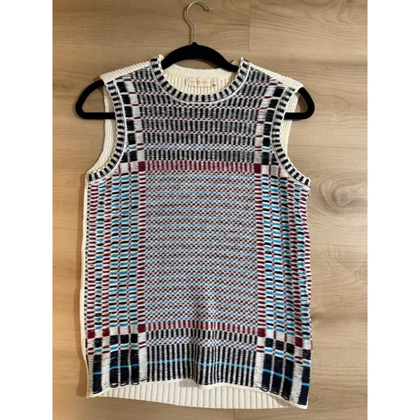 Tory Burch Sweater Vest Multicolor XS Womens Geometric Plaid Layering Knit - Image 9