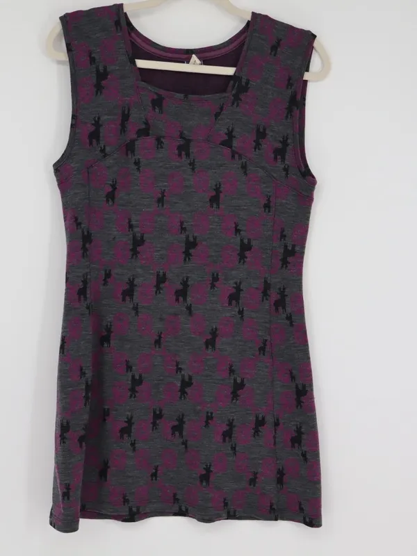 Ibex Merino Wool Dress Medium 100% Zque Certified Gray Purple Black Print Layer - Image 2