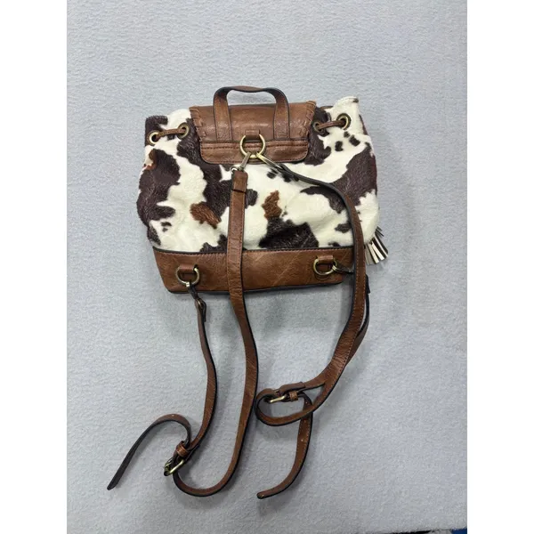 Jen & Co Backpack OS Cow Print Brown Faux Leather Tassel Western Boho Bag - Image 3