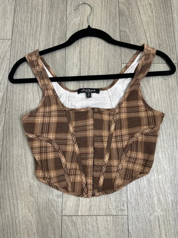 Brown Plaid Crop Top Hook and Eye Front Size Small | Grunge - Image 5