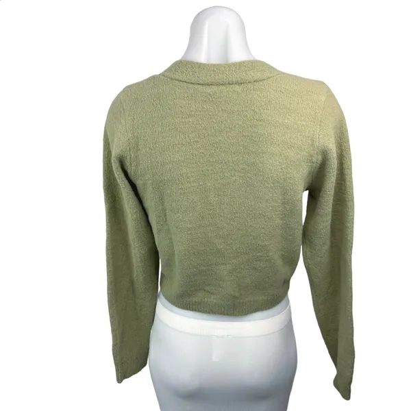 Theo & Spence Olive Green Knit Button Long Sleeve Cropped Cardigan Sweater Top S - Image 2