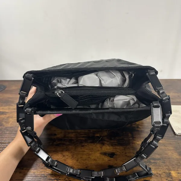 Prada Tessuto Nylon Shoulder Bag Medium Black Leather Strap Italy Logo Hardware - Image 8