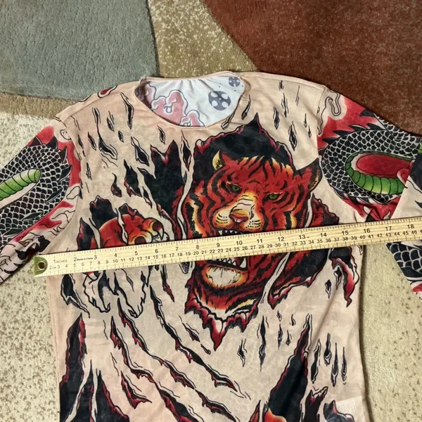 Tattoo Print Mesh Long Sleeve Top Womens S Nude Tiger Dragon Edgy Y2K - Image 3