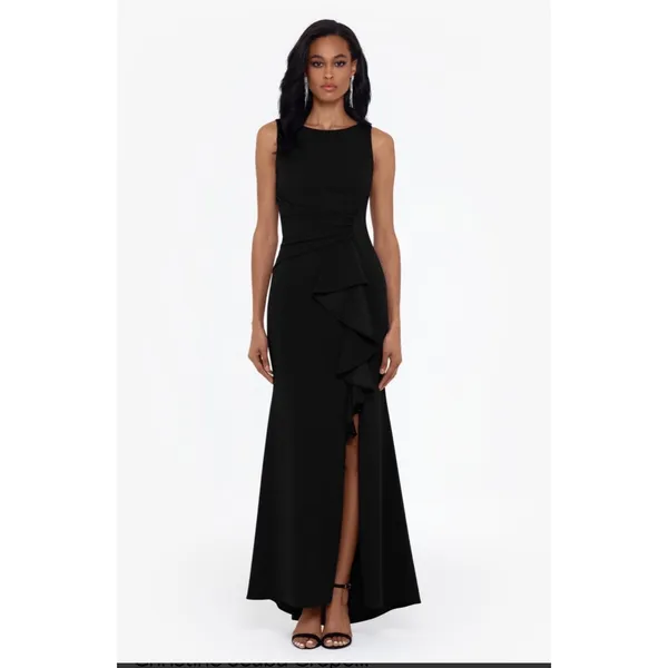 Betsy & Adam Christine Scuba Crepe Ruffled Bow Gown 10 petite - Image 3