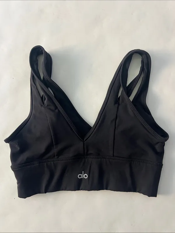 ALO YOGA Black United Long Sports Bra Double V Neck Small - Image 4