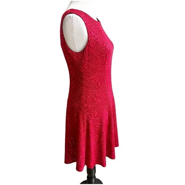 Connected Apparel Red Floral Sparkle Fit & Flare Mini Dress Size 6 Petite Y2K - Image 2