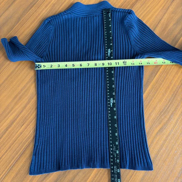 George Ribbed Knit V Neck Top L Dark Blue Short Sleeve Office Chic Fall Capsule - Image 4