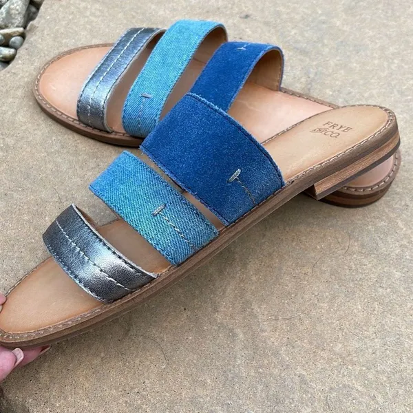 Frye and Co Womens Evie Slip On Sandals Flat Slide 3 Straps Casual Blue Size 6 M - Image 5