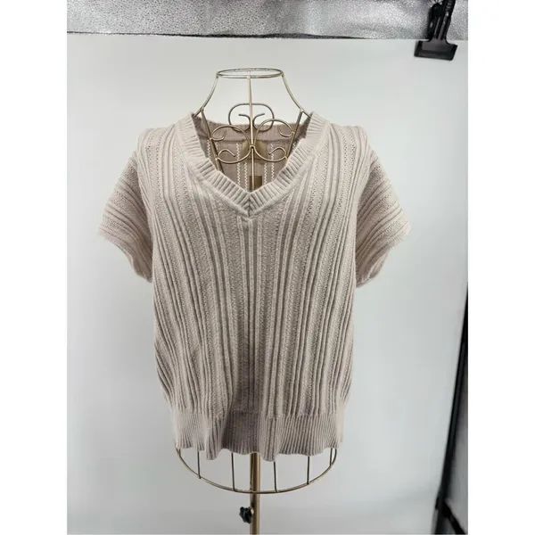 Elie Tahari Women’s Short Sleeve V Neck Beige Grey Sweater Size Large - Image 12