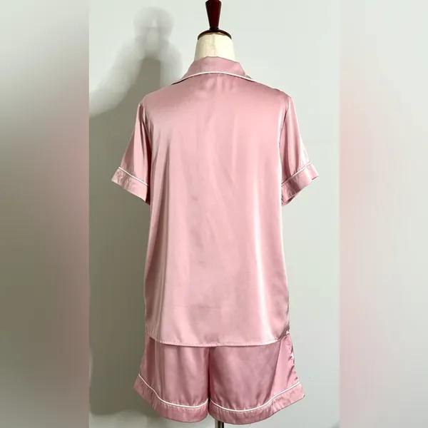 Pink Satin Pajama Set by Kennedy Blue, Button Front Shirt and Shorts size Medium - Image 4